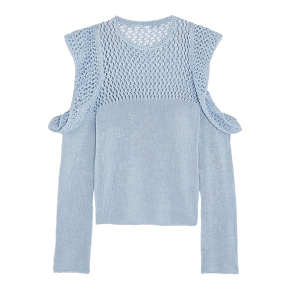 PHILOSOPHY DI LORENZO SERAFINI Blue Cotton Ruffle Cold Shoulder Sweater Size US2 - Picture 5 of 11